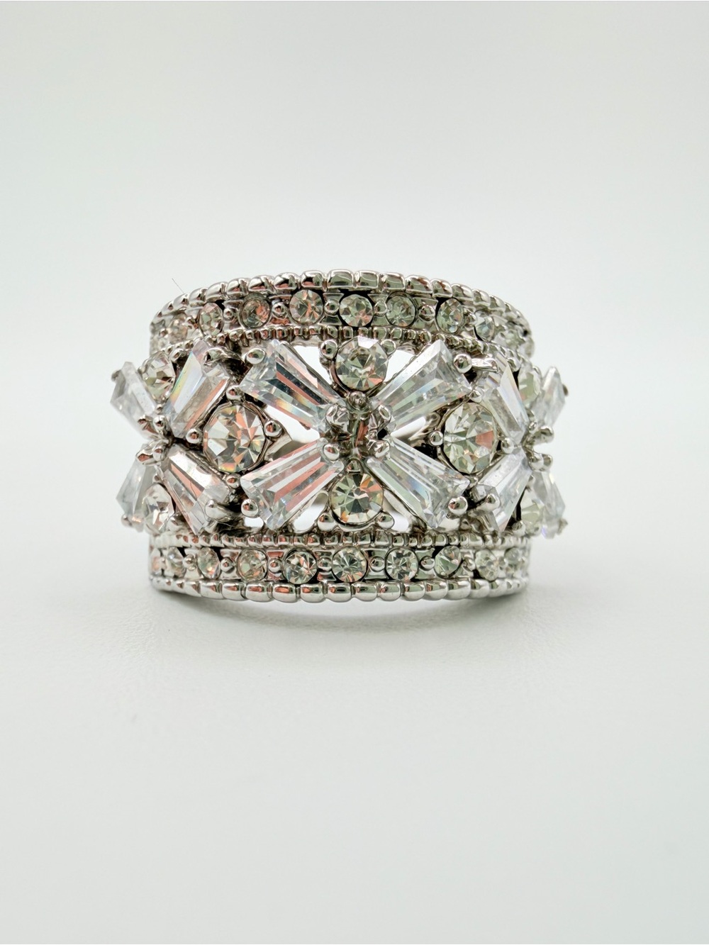 Silver Tone Baguette Rhinestone Statement Ring Size 7.5 - 8
